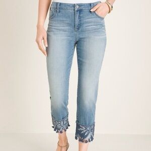 Chicos So Slimming Girlfriend Slim Leg Crop Jeans Sz 12 Mid Rise Tassel Hem NWT